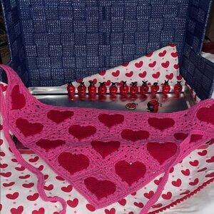 Pink/ Red Heart Crochet , 11 glass ladybug, 1 pin & red/ white dishcloth